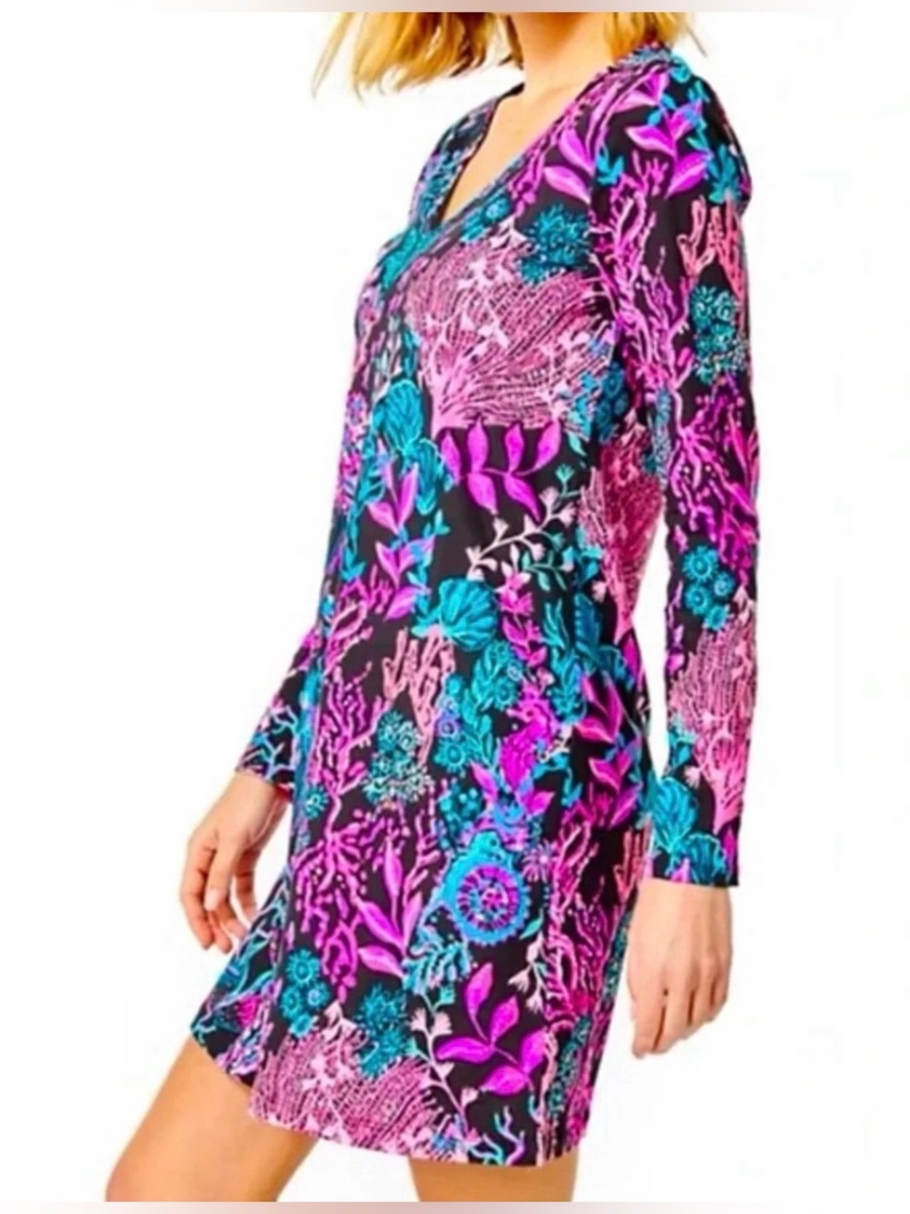 Lilly Pulitzer Etta Long Sleeve Dress in the "Onyx Twilight Coral" print